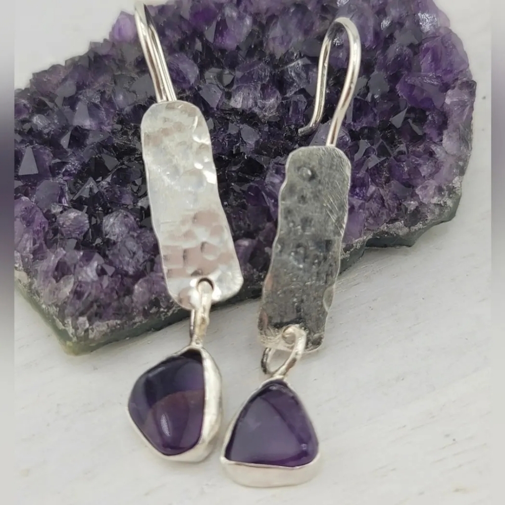 AMETHYST DANGLING EARRING HANDMADE IN STERLING SILVER METAL - Picture 3 of 5